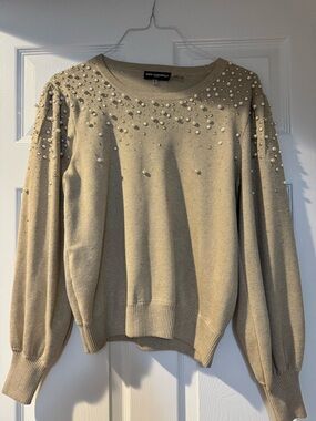 Karl Lagerfeld Gold Pearl-Embellished Crewneck Sweater